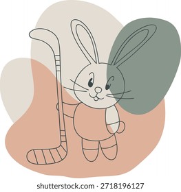 Empfohlener Titel: Nettes Cartoon-Kaninchen, das einen Hockeyschläger hält. Vektorgrafik eines Hasen Charakter mit abstrakten Boho Formen Hintergrund. Handgezeichnete Linie Kunst Sport Maskottchen Design.