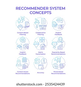 Recommender system blue gradient concept icons. Artificial intelligence, deep learning. Personalized content. Icon pack. Vector images. Round shape illustrations for article, blog post. Abstract idea