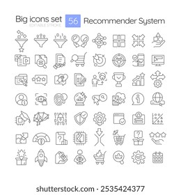 Conjunto de iconos lineales del sistema de recomendación. Publicidad personalizada, calificación de servicio. Organización de datos. Símbolos de línea delgada personalizables. Ilustraciones de contorno de Vector aislado. Trazo editable