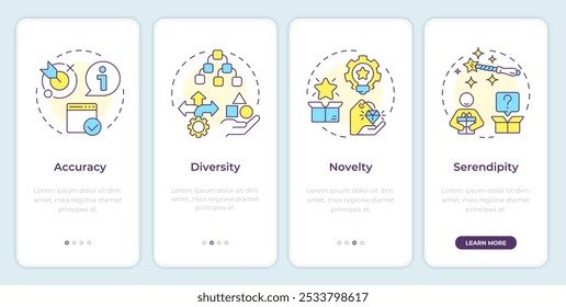 Recomendar métricas do sistema na tela do aplicativo móvel integrado. Passo a passo 4 passos instruções gráficas editáveis com conceitos lineares. UI, UX, modelo de GUI