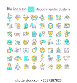 Recommender system RGB color icons set. Artificial intelligence, machine learning. Data management, metrics. Isolated vector illustrations. Simple filled line drawings collection. Editable stroke