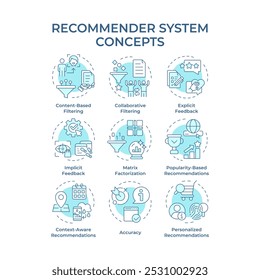 Recommender system soft blue concept icons. Artificial intelligence, deep learning. Personalized content. Icon pack. Vector images. Round shape illustrations for article, blog post. Abstract idea