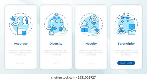 Métricas de los sistemas de recomendación Pantalla azul del App móvil de incorporación. Instrucciones gráficas editables de 4 pasos con conceptos lineales. PLANTILLA UI, UX, GUI