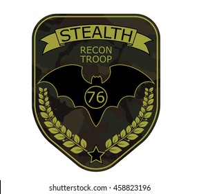 Recon troop military emblem patch with bat, ribbon, star and branch. Army chevron logo on camouflage background