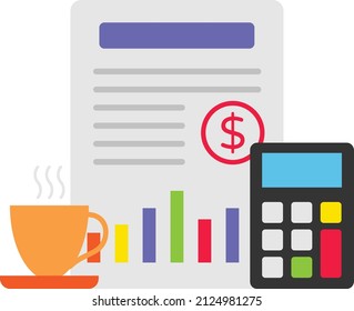 Reconciliation Accounting Concept, Yearly Report With Tea Cup Vector Icon Design, Business Finance Symbol, Treasury And Capital Budget Sign, Financial Planning, Analysis And Control Stock Illustration