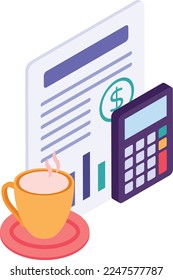 Reconciliation Accounting isometric Concept, Yearly Report with tea cup Vector Icon Design, Business Finance Symbol, Treasury and Capital Budget Sign, Financial Planning, Analysis and Control stock