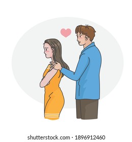 Reconciliation after a fight. Guarrel in unhappy relationship. Couple man husband and woman wife reconcile with each other. Hand drawn style vector.