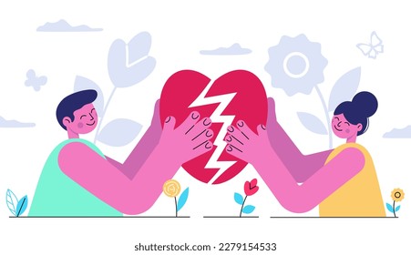 Reconciliation concept. Red broken heart in hands men and women. Restore love. Hyperbolized characters. Trending style. Psychology of relationships. Family preservation. Vector illustration