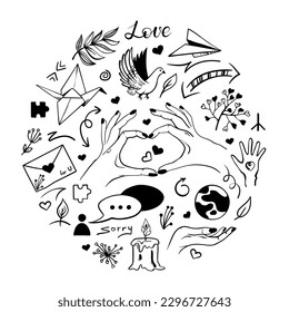Reconciliation on the little things. Set vector doodle illustration. Concept of friendship and trust. Circle background.