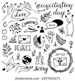 Reconciliation on the little things. Set vector doodle illustration. Concept of friendship and trust.