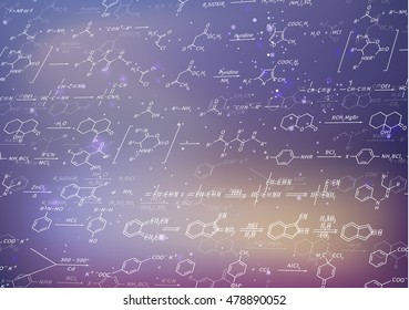 A lot of recondite chemical equations and formulas on blurred purple background