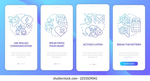 Reconnecting after huge fight blue gradient onboarding mobile app screen. Walkthrough 4 steps graphic instructions with linear concepts. UI, UX, GUI template. Myriad Pro-Bold, Regular fonts used