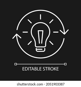 Reconsidering white linear icon for dark theme. Changing mind and decision. Reevaluate and rethink. Thin line customizable illustration. Isolated vector contour symbol for night mode. Editable stroke