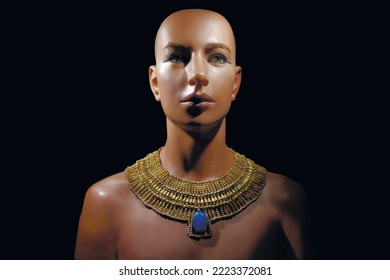 Reconstructed portrait sculpture of pharaoh Tutenkhamun in a museum hall. Vector image.