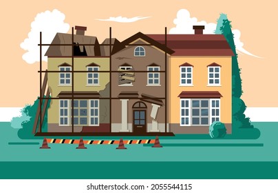 Reconstruction of building composition with outdoor scenery and view of crumbling house covered with construction trestle vector illustration