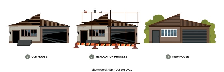 Reconstruction building composition with set of images with same house at different stages of renovation cycle vector illustration