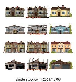 Reconstruction building renovation set of isolated icons with crumbling houses construction trestle and fully renovated facades vector illustration