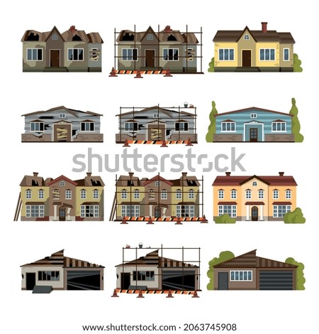 Reconstruction building renovation set of isolated icons with crumbling houses construction trestle and fully renovated facades vector illustration