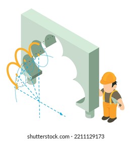 Reconstruction concept icon isometric vector. Man builder with trowel near curly arch. Arch project, construction, repair