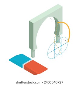 Rekonstruktion Konzept Symbol isometrische Vektorgrafik. Bogenprojekt und doppelfarbiger Radiergummi. Konstruktion, Bau, Ingenieurwesen