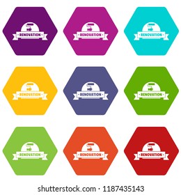 Reconstruction icons 9 set coloful isolated on white for web