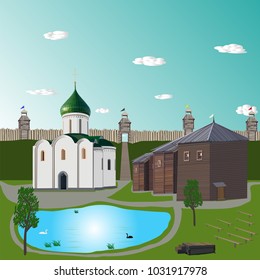 Reconstruction of an original form of Red Square in ancient Pereslavl-Zalessky with Transfiguration Cathedral of 1152 of construction.