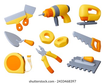 Reconstrucción y reparación de herramientas 3d. Equipos de construcción aislados elementos realistas. Cinta métrica, pala y sierra de mano. Juego de vectores de patillas de alicates y llaves