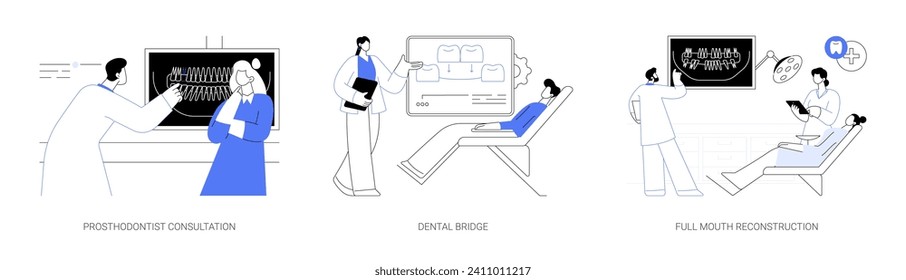 Reconstructive dentistry abstract concept vector illustration set. Prosthodontist consultation, dental bridge, full mouth reconstruction, teeth prosthesis, oral medicine abstract metaphor.