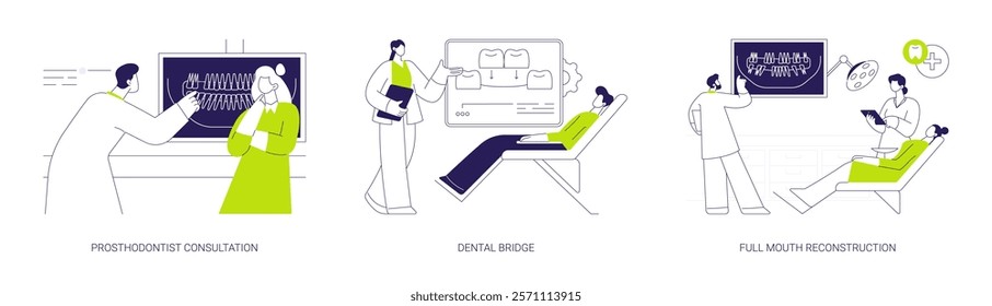 Reconstructive dentistry abstract concept vector illustration set. Prosthodontist consultation, dental bridge, full mouth reconstruction, teeth prosthesis, oral medicine abstract metaphor.