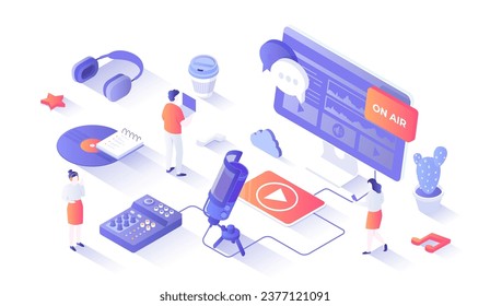 Record an audio podcast. Online podcast, Blog, Radio Show. Podcasting equipment and APP - studio microphone on a stand, headphones, mixer. Isometry illustration with people scene for web graphic.