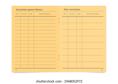 Record blank of vaccinations against influenza. Flue shots card template.