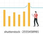 Record breaking sales, earning exceed expectation, surpassing business target concept, Cheerful businessman seeing bar graph breaking through record line.
