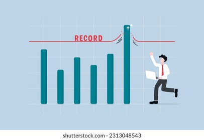 Record breaking sales, earning exceed expectation, surpassing business target concept, Cheerful businessman seeing bar graph breaking through record line.