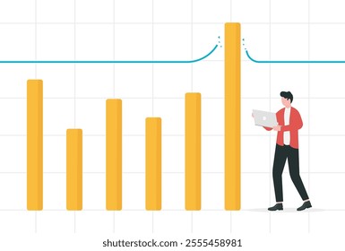 Record breaking sales, earning exceed expectation, surpassing business target concept, Cheerful businessman seeing bar graph breaking through record line.
