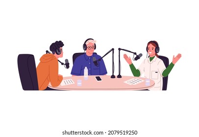 Record And Broadcast Of Podcast In Studio. People Talking At Table, Recording Radio Show With Audio Equipment, Headsets And Microphones. Flat Graphic Vector Illustration Isolated On White Background