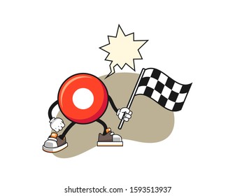 Record button hold racing flag with speech bubble cartoon. Mascot Character vector.