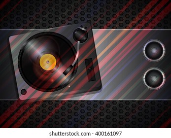 Record Deck Turntable and Loudspeakers Over Brusced Metallic Panel with Colored Stripes