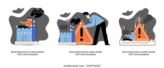 Record high levels carbon dioxide CO2 atmosphere. Industrial emissions affect changes in carbon dioxide concentration. Causes of climate change on planet. Problems of environment and ecology metaphor