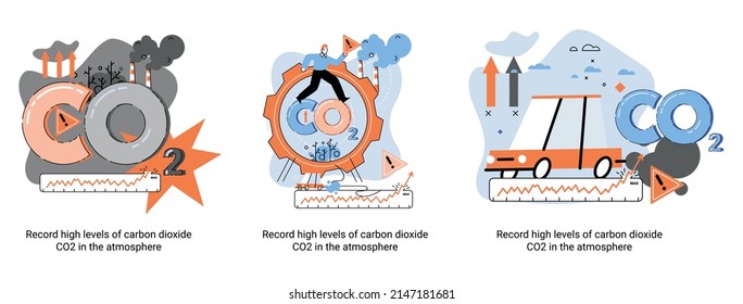 Record high levels carbon dioxide CO2 atmosphere. Industrial emissions affect changes in carbon dioxide concentration. Causes of climate change on planet. Problems of environment and ecology metaphor