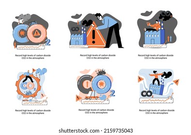 Record high levels carbon dioxide CO2 atmosphere. Industrial emissions affect changes in carbon dioxide concentration. Causes of climate change on planet. Problems of environment and ecology metaphor