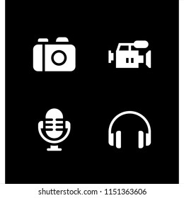 record icon. 4 record set with camera, audio, radio and film vector icons for web and mobile app