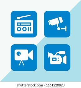 record icon. 4 record set with camera, cctv, radio and video camera vector icons for web and mobile app