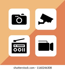 record icon. 4 record set with cctv, radio, camera and video camera vector icons for web and mobile app