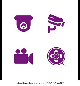 record icon. 4 record set with video camera, cctv, film and camera vector icons for web and mobile app