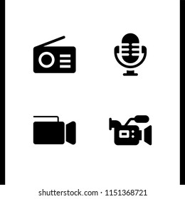 record icon. 4 record set with video camera, radio and camera vector icons for web and mobile app