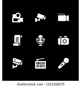 record icon. 9 record set with camera, karaoke microphone icon, radio and video camera vector icons for web and mobile app