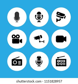 record icon. 9 record set with cctv, radio, film and video camera vector icons for web and mobile app