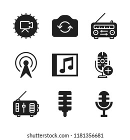 record icon. 9 record vector icons set. broadcast, microphone and radio icons for web and design about record theme