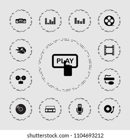 Record icon. collection of 13 record filled icons such as finger pressing play button, gramophone, movie tape, equalizer, microphone. editable record icons for web and mobile.
