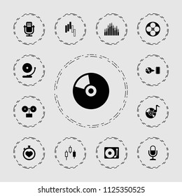 Record icon. collection of 13 record filled icons such as gramophone, microphone, stopwatch, disc, cd, control panel, movie tape. editable record icons for web and mobile.